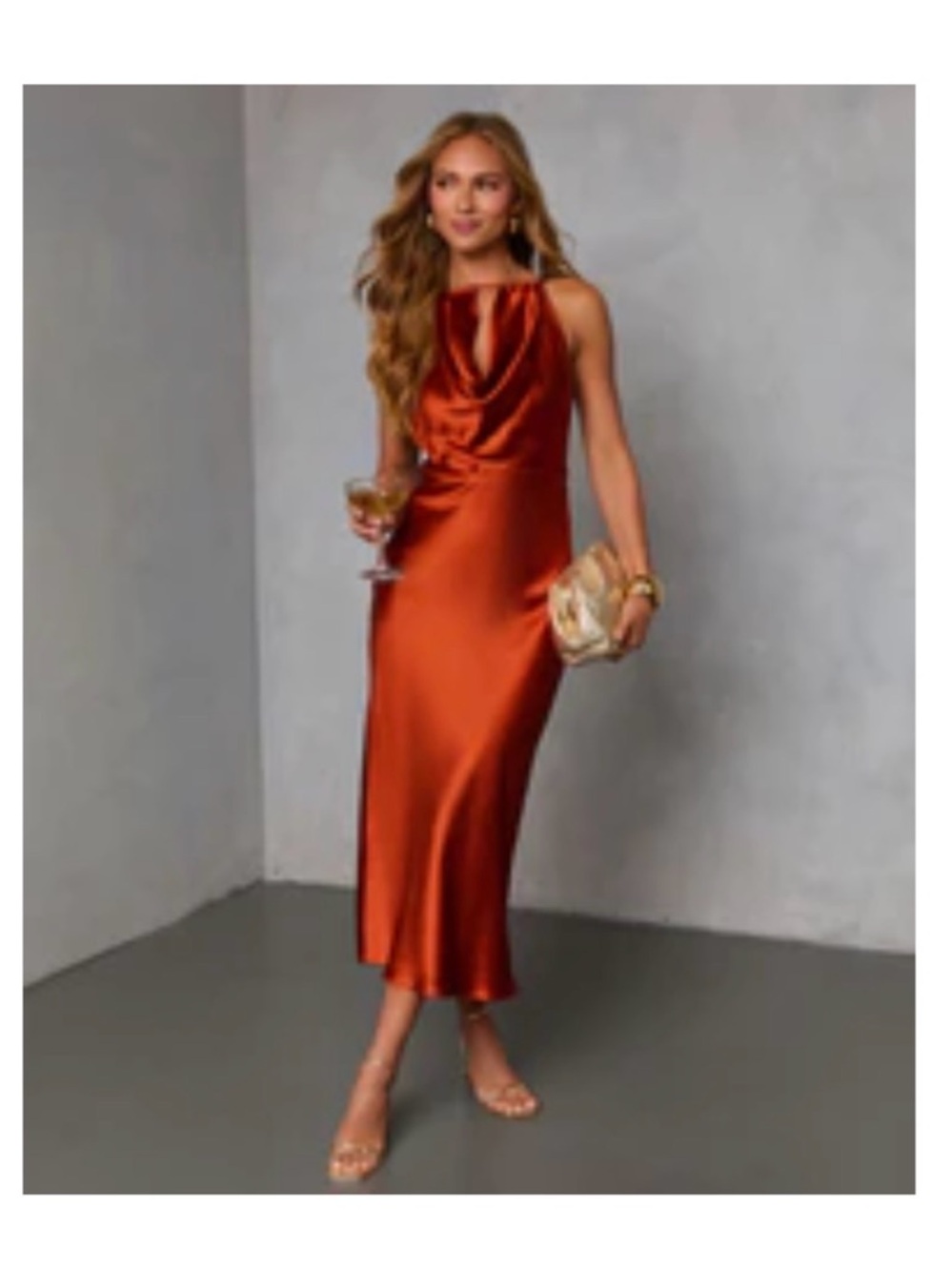 Vici Satin Cowl Midi Dress in Copper Orange